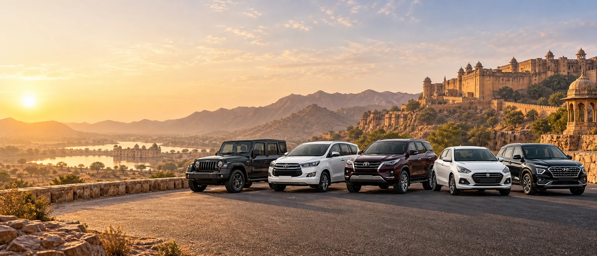 JS Travels & Rentals rental cars overlooking a Rajasthan fort and Aravalli landscape